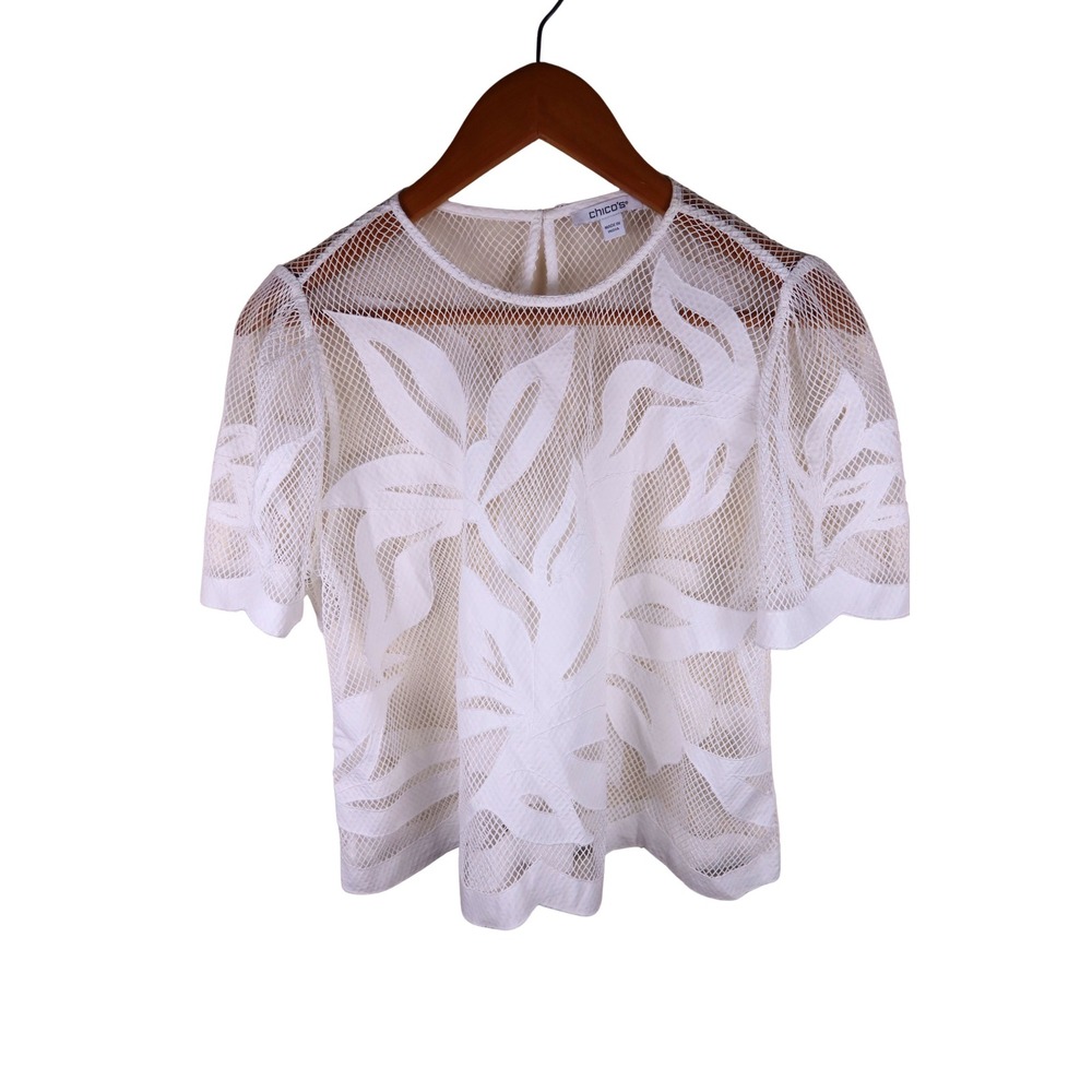 Chicos White Mesh Lace Floral Leaf Short Sleeve Blouse